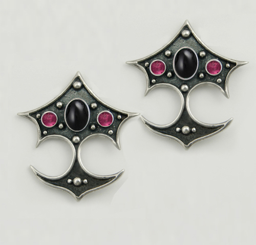 Sterling Silver Gothic Drop Dangle Earrings With Black Onyx And Pink Tourmaline